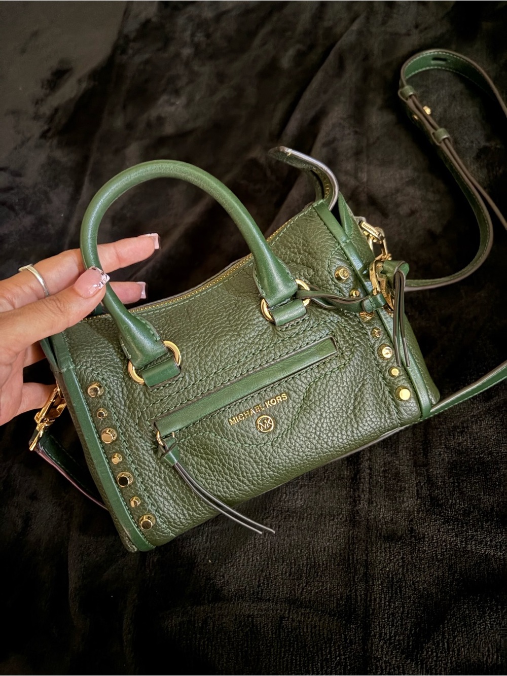 Michael Kors Forest Green Pebbled Leather Satchel with Gold Hardware